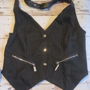 Killstar Black Crop Pinstripe Vest with Zipper and Buckle Features